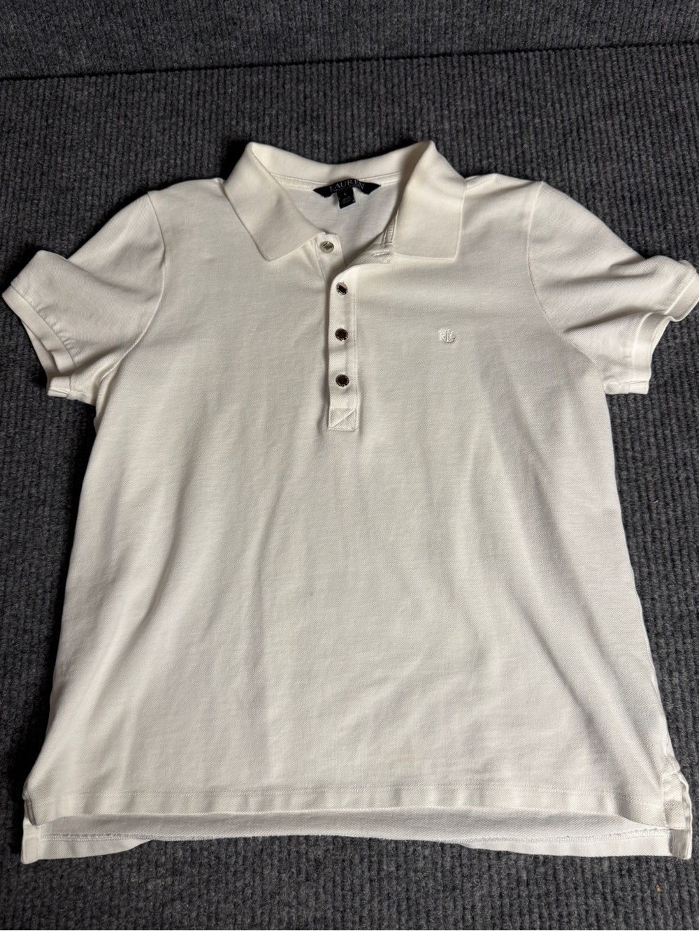 Lauren Ralph Lauren White Pique Polo Shirt Snap Button Monogram Size Large